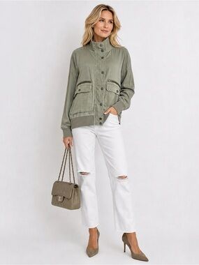 Marrakech Khaki Cupro Cotton Bomber Jacket Viscose Blend Utility Blouse L Moto